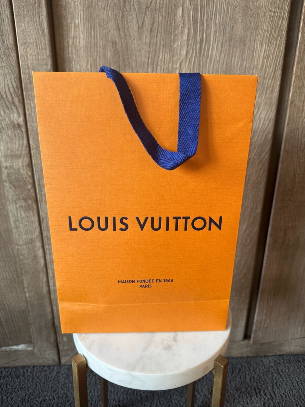 Louis Vuitton Orange Shopping Bag with Blue Handles and Black Logo - Picture 5 of 7